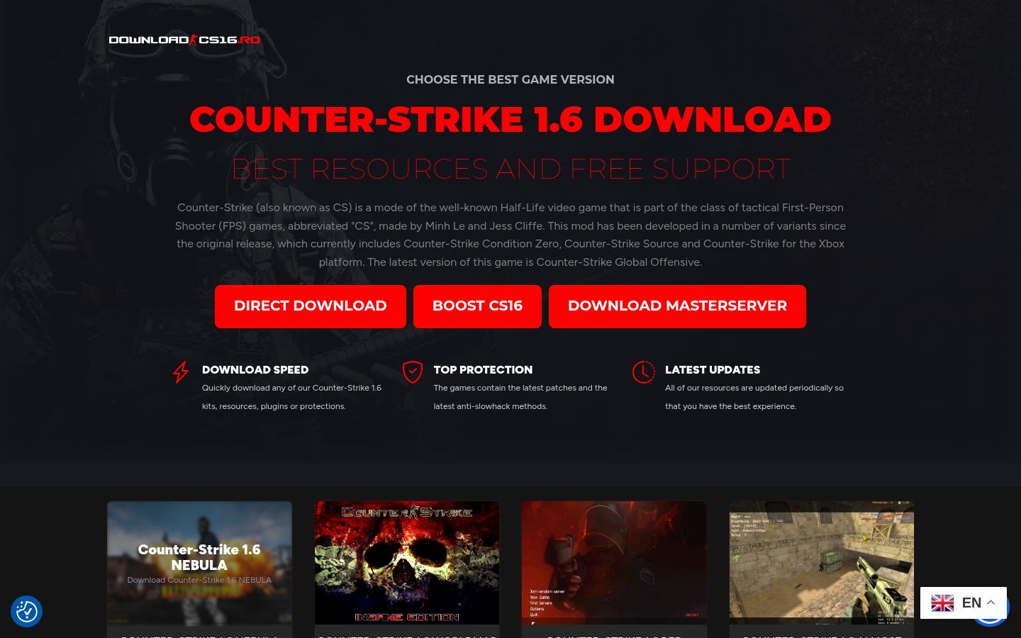 Full homepage landing page showing hero section (CHOOSE THE BEST GAME VERSION / COUNTER-STRIKE 1.6 DOWNLOAD), three CTA buttons (DIRECT DOWNLOAD, BOOST CS16, DOWNLOAD MASTERSERVER)